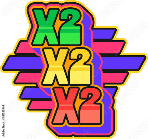 X2 casino gamble jackpot Y2K groovy sticker. Gambling fortune retro vector patch, Vegas jackpot groovy tag. Casino luck Y2K label or poker game 60s sticker with casino win coefficient 2X symbol