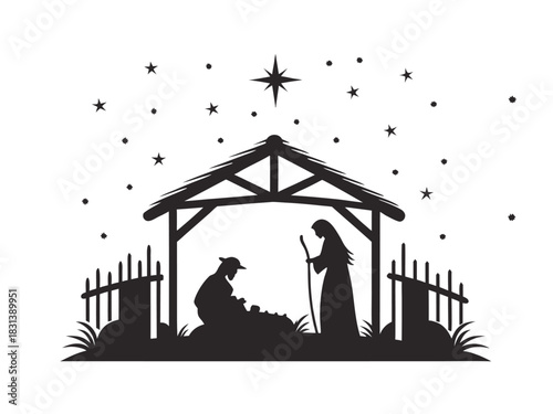 Nativity Scene Silhouette with Starry Night Background