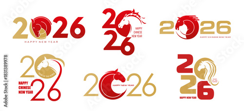 2026 Chinese New Lunar Year of horse vector icons set. Chinese zodiac calendar animal symbols of gold and red horse heads and Happy New Year greetings. Asian horoscope signs and Spring Festival cards