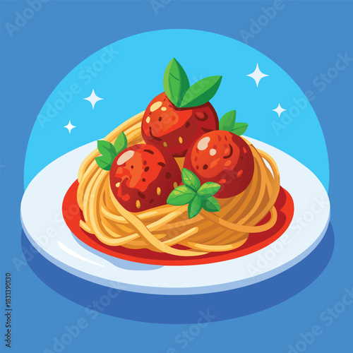 A detailed and appetizing illustration of spaghetti topped with juicy meatballs and garnished herbs against a vibrant backdrop