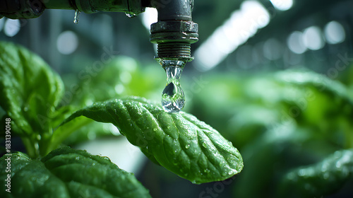 Water dripping from pipe onto green plant leaf