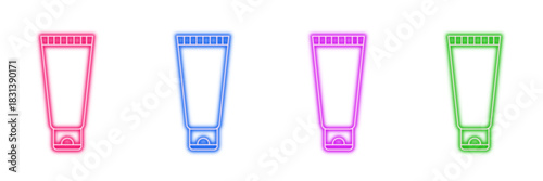 Neon glowing cosmetic cream tube vector icons set, beauty, skincare, hygiene, lotion, product packaging, vibrant colorful outline digital design illustration on transparent background.
