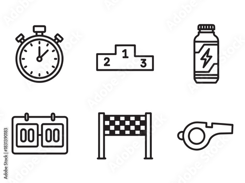 Racing Icons Collection. Racing & Training linear icon set. stopwatch, podium, energy gel, number tag, finish line, coach whistle