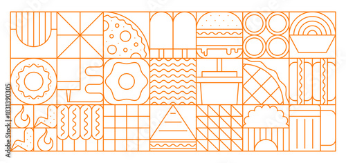 Fast food abstract geometric pattern. Vector orange grid background with linear food icons includes pizza, burger, fries, drinks, donuts, hot dogs for fastfood restaurant branding, packaging and menus