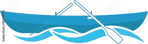 Flat vector illustration of a blue rowboat with a single oar resting inside on stylized water waves. Simple nautical graphic for calm travel, water recreation, or adventure sports branding and icons.