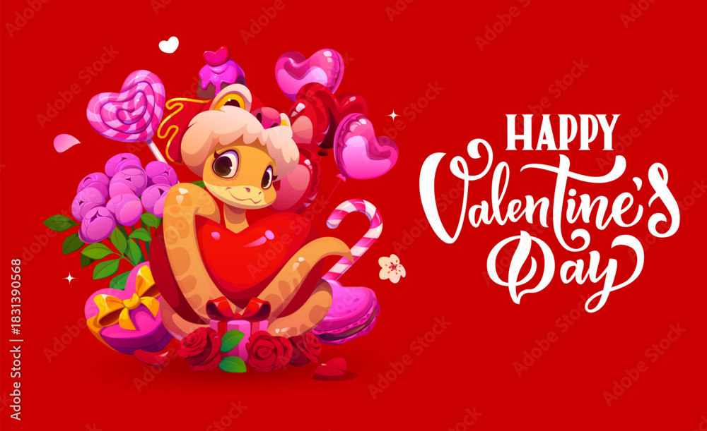 Naklejka premium Happy valentines day greetings card featuring cute cartoon snake holding a shiny red heart, surrounded by romantic elements like roses, balloons, chocolates, lollipops and gift boxes on red background