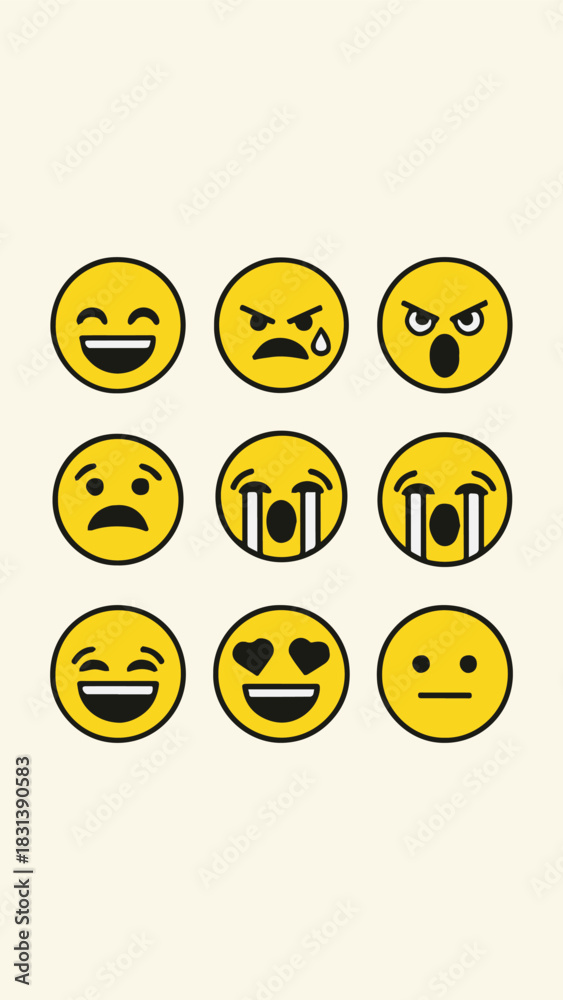 Fototapeta premium Collection of Yellow Emoticons Expressing Various Human Emotions and Feelings