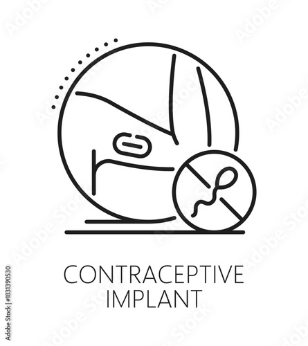Contraceptive implant contraception method line icon or sign. Contraception method outline vector pictogram, pregnancy prevention sign. Birth control technique symbol with sperm and human hand implant