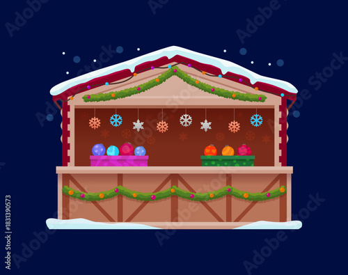 Christmas winter market stall with garlands, snowflakes and ornaments. Cozy shop booth offering festive gifts and decorations. Cartoon vector wooden stand for seasonal celebration at night snowy fair