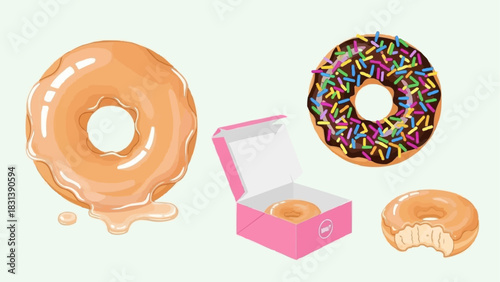 Delicious Assortment of Glazed and Sprinkled Donuts with a Pink Box.