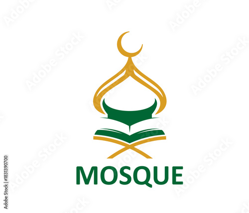 Islamic muslim mosque abstract icon or label. Islam mosque library symbol, Arab religion school graphic vector icon. Islamic culture center sign or Muslim Quran emblem with crescent and holy book