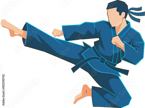 Stylized vector of a martial arts fighter in a blue gi performing a high kick. Dynamic illustration for combat fitness, self-defense promotion, tournament graphics, or contemporary gym branding.