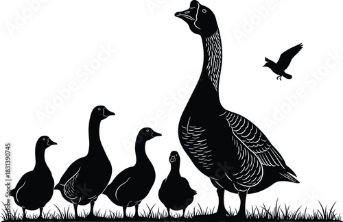 Black Vector Illustration of a Goose Family with Goslings in Grass, Waterfowl Icon Set for Nature and Farm Designs, Mother Goose with Babies Graphic Asset, Isolated on White Background.