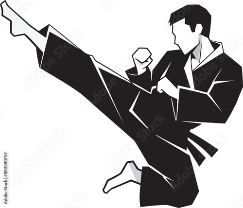 Dynamic vector illustration of a martial arts fighter executing a powerful high kick. Black and white silhouette, perfect for self-defense clubs, fitness studios, or combat sport event branding.