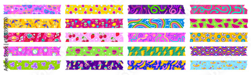 Washi tape piece strips with torn edges, decorated with vector sunglasses, hearts and flowers. Cherry fruits, music notes and planets with rainbow and banana or UFO and umbrella for washi tape
