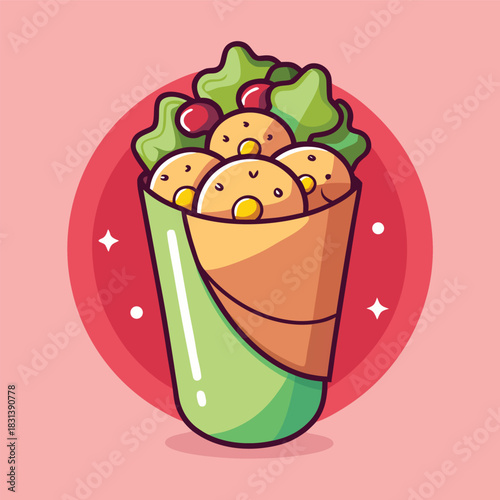 A cheerful illustration of a stuffed tortilla wrap filled with colorful vegetables and seasoned chicken in a playful style