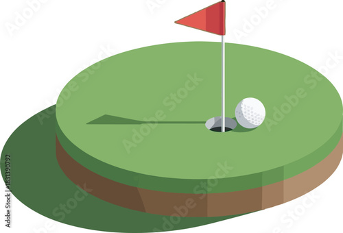 Isometric vector of a golf putting green with a hole, ball, and red flag. Flat, modern design perfect for scoring apps, tournament graphics, club branding, or digital sports illustration.