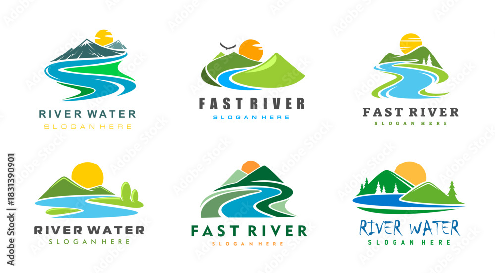 Fototapeta premium Mountain river icons of vector valleys with green hills, water and sun nature landscape. Outdoor adventure and tourism isolated symbols set with mountain peaks valley, forest trees and flowing river