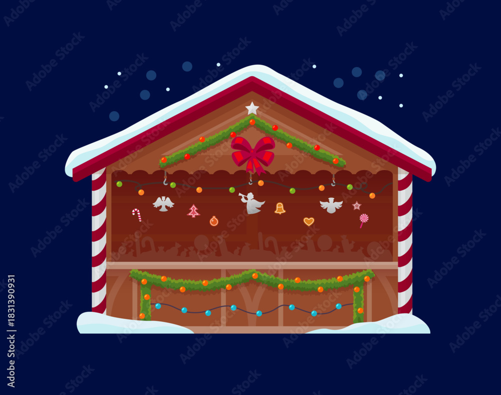 Fototapeta premium Christmas winter wooden market stall with holiday garlands and festive hanging decor. Cozy winter booth shop with candy cane columns and lights. Cartoon European fair stand for seasonal celebration