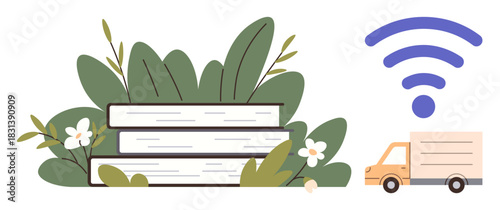 Stacked books surrounded by plants and flowers, next to a delivery truck and wireless signal. Ideal for education, e-learning, remote learning, digital accessibility, knowledge sharing, eco-friendly