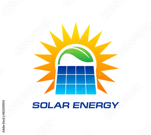 Solar ecologic energy system icon or label. Eco electric technology icon, solar power company vector emblem. Clean electricity service label or symbol with solar panel cells, sun disk and leaf