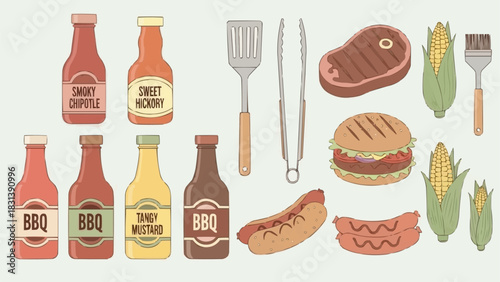 Barbecue Food and Utensils Collection.