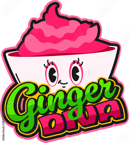 Asian restaurant sushi ginger retro Y2K sticker or symbol. Japanese cuisine gourmet Y2K tag, sushi menu meal vector label. Japan seafood dish sticker with cup of ginger girly character and typography