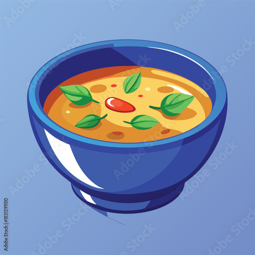 A cozy bowl of flavorful soup presented in a glossy blue bowl with floating herbs and vegetables
