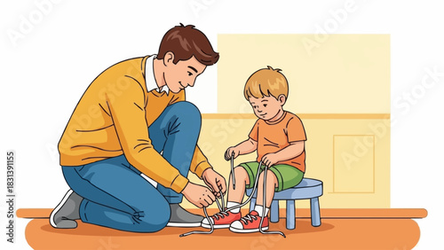 Father helps his child tie shoelaces, demonstrating care and support.