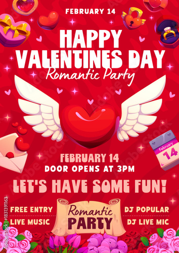 Valentine day party flyer with hearts and flowers for love holiday, vector event invitation. Valentine day entertainment party flyer for entry with heart on wings, wedding rings and romantic gifts