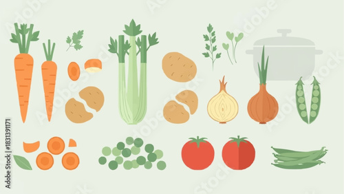 Fresh Vegetables for Cooking - Carrots, Celery, Potatoes, Onions, Peas, Tomatoes, and Green Beans.