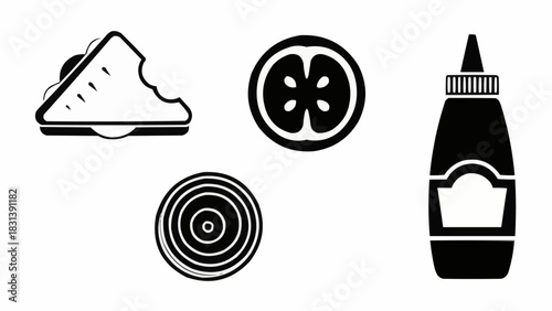 Black and white food items including sandwich, tomato, onion, and sauce bottle.