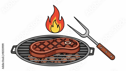 Grilled Steak with Flames and Fork Illustration.