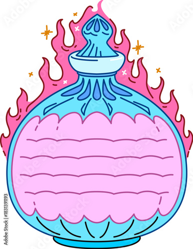 Magic potion flask kids memo note frame. Glass container kids diary sticker, planner to do list vector frame. Child scrapbook memo note or schedule label with witchcraft potion or elixir bottle