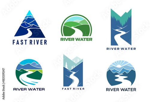 River road icons with vector water streams in mountain valley, sun and forest trees nature landscape. Winding river or creek between green hills, blue lake with ripples, ocean and sea waves symbols