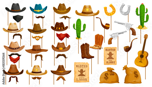 Wild West cowboy photo booth masks and props, vector Western party. Cartoon Wild West cowboy and sheriff hats, cactus, guitar and gun, horseshoe, mustache and Western wanted poster photo booth props