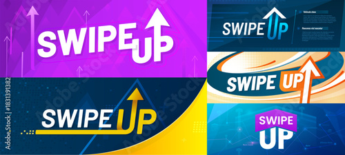 Swipe up banners with vector arrow symbols. Swipe, scroll or drag up call to action social media post templates with modern arrow shapes, abstract graphs, halftone and pixel pattern background