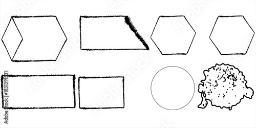 Set of grunge photo frames, rectangle, square, circle, hexagon, abstract black brush strokes on a white background.