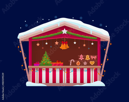 Christmas market stall with tree, neon ornaments and striped counter. Winter festive booth decorated with garlands, stars and gifts. Cozy cartoon vector snowy stand for seasonal night fair celebration