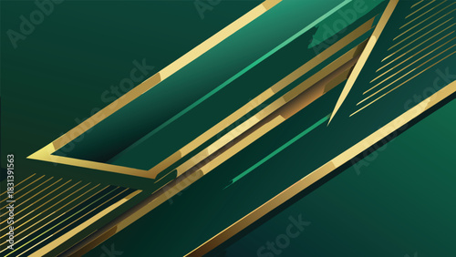 A luxurious abstract design combining deep green tones with sharp metallic gold diagonal elements arranged in a layered geometric pattern