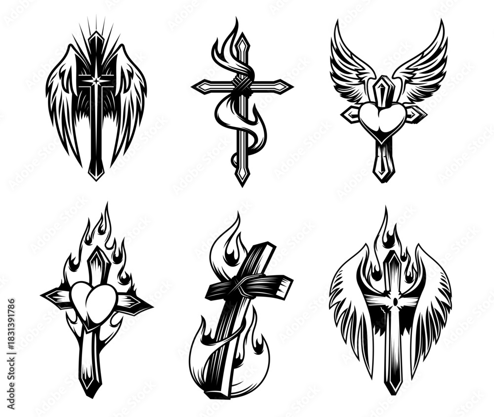 Obraz premium Christian cross tattoos with fire flames, wings and hearts, vector christianity religion. Catholic and orthodox holy sketch symbols of Jesus crosses, flames, angel wings and hearts, hand drawn tattoos