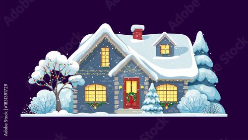 Christmas house in winter snow with holiday decorations, cartoon vector building. Town house at eve night decorated with Christmas lights garland and Xmas wreath ornament on door and snow on roof