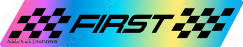 First place hologram vintage Y2K sticker or patch. Gradient chrome holographic Y2K label, metallic color foil vector tag. Glossy hologram sticker with motorsport race checkered pattern