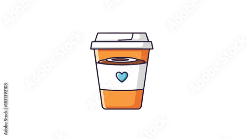 Orange coffee cup with heart symbol and lid.