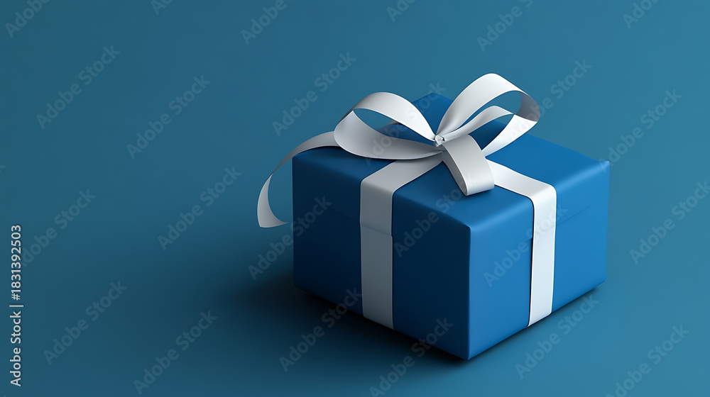 Obraz premium A charming blue gift box, adorned with a white ribbon, resting against a complementary blue backdrop, evokes anticipation for the surprise. The elegant presentation is suitable for diverse occasions.
