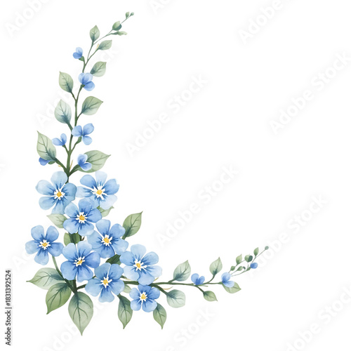Delicate Blue Flower Corner Watercolor Border on Transparent Background
