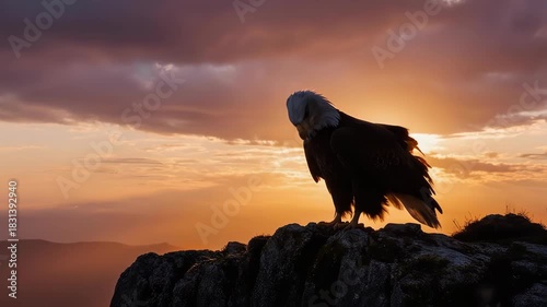Majestic eagle silhouetted against a vibrant sunset sky