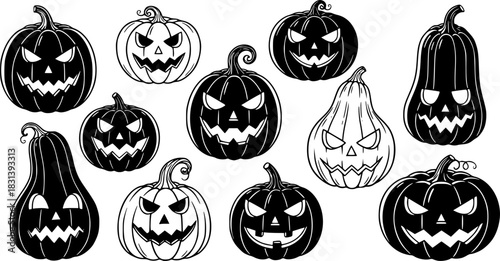 Halloween pumpkins illustration black and white vector graphic
