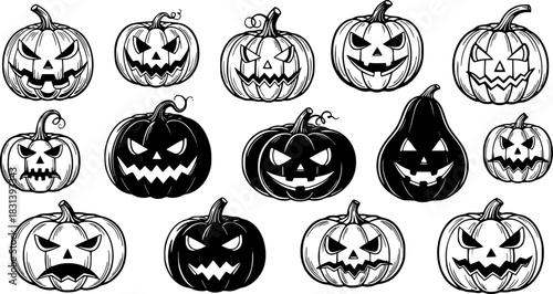Halloween pumpkins illustration black and white vector graphic
