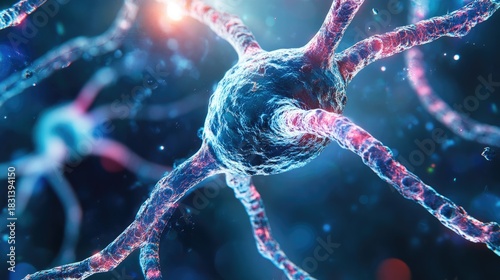 Neurons connect with blue and pink axon branches